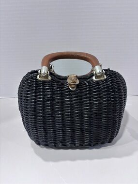 Vintage Lesco Lona Woven Black Handheld Basket Bag with Brown Handle